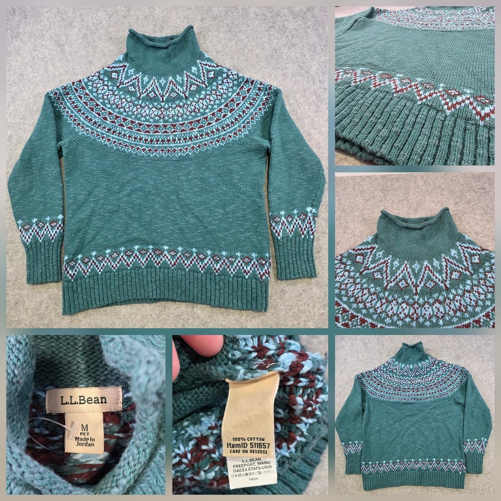 LL Bean Sweater Womens Medium Petite MP Green 100% Cotton Fair Isle Turtleneck